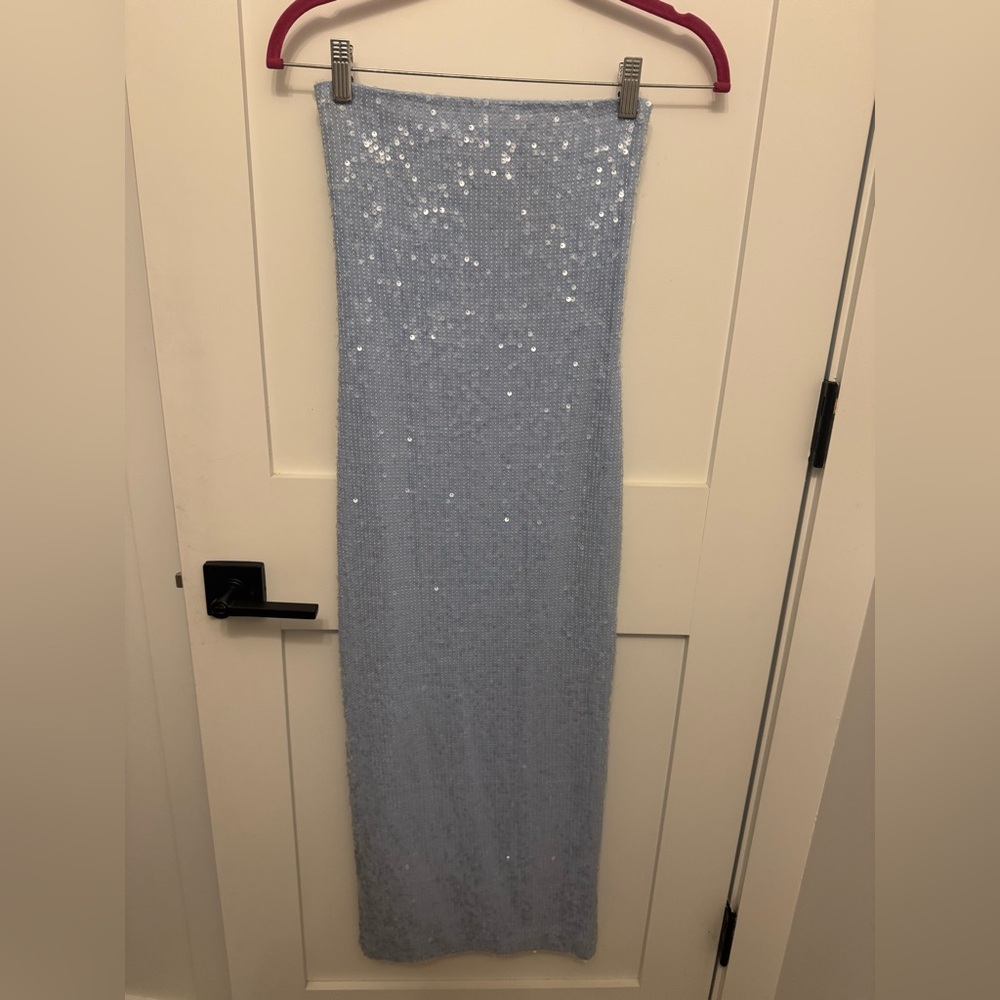 Meshki Light Blue Sequin Strapless Midi Dress.
